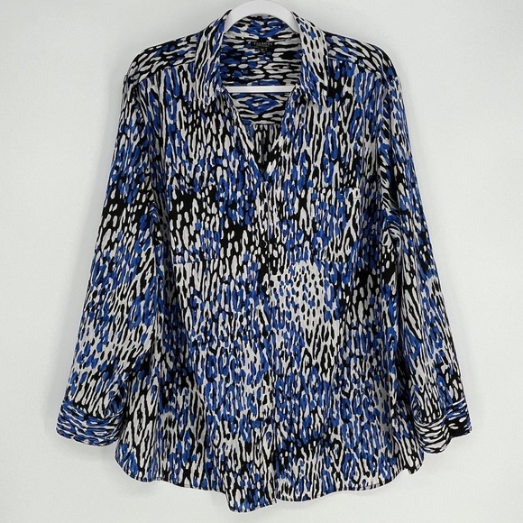Talbots Nantucket Tops - Talbots Nantucket Plus 3X Blue Animal Print Career Roll Tab Button Blouse